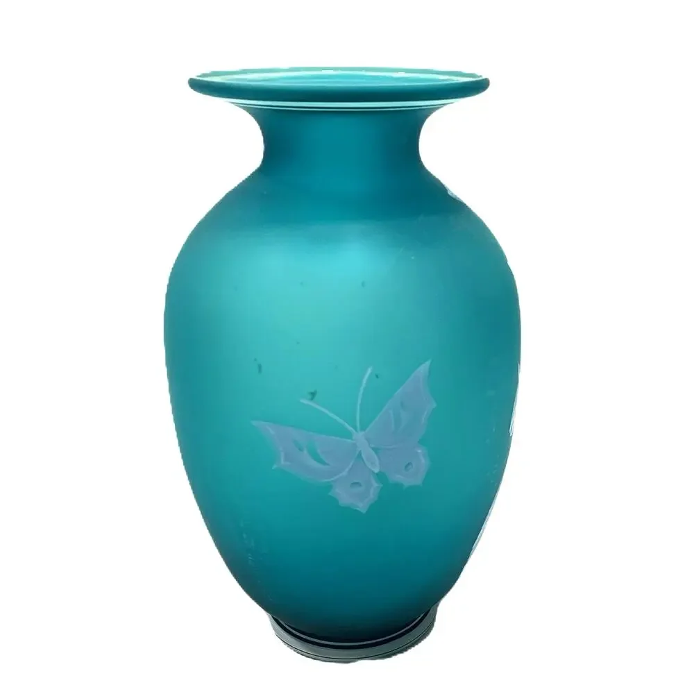 Fenton Avon Blue Azure Floral Butterfly Cameo Vase 9